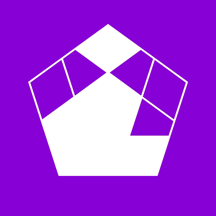 Image typographique avec un point d'interrogation culbuté jaune sur fond violet. Le signe est construit sur une grille géométrique pentagonale, inspirée des faces d'un Megaminx, sorte de Rubik's Cube à douze faces dont chaque face a 5 côtés.