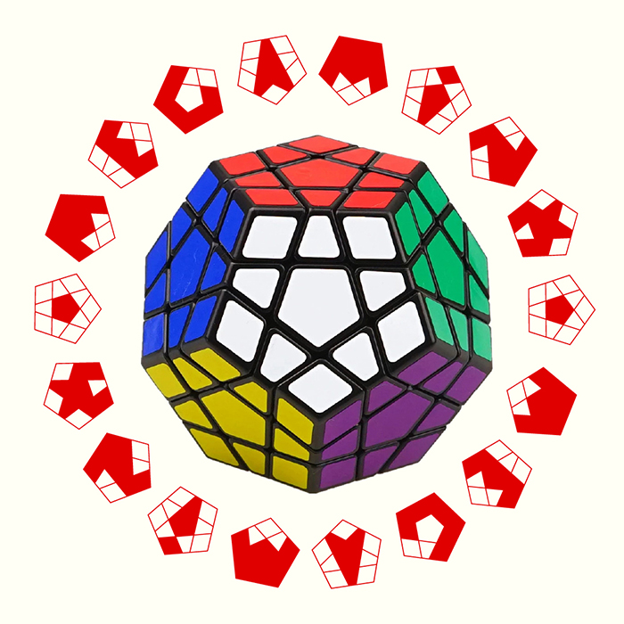 Une photo d'un Megaminx (sorte de Rubik's Cube Ã  douze faces) sur fond blanc, entourÃ© par le texte 'Megaminx' Ã©crit deux fois en cercle en rouge. Le texte est Ã©crit en typo Megaminx, dessinÃ©e par moi-mÃªme, donc chaque caractÃ¨re est composÃ© de la grille pentagonale du Megaminx en traits fins, ainsi que d'un assemblage de facettes de cette grille en formes pleines.