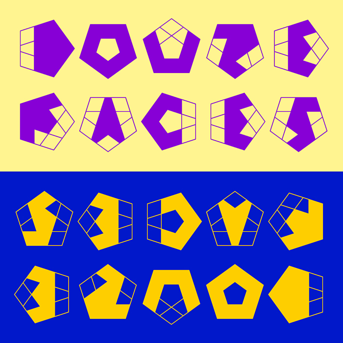 Le texte 'douze faces' est Ã©crit deux fois sur l'image : dans la moitiÃ© supÃ©rieure, en violet sur fond jaune, et dans la moitiÃ© infÃ©rieure, en jaune sur fond bleu.