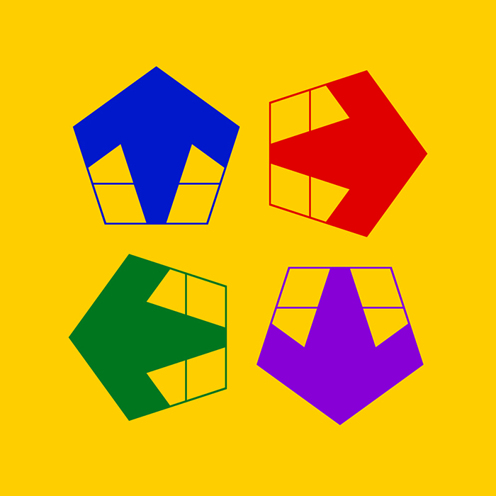 Quatre flÃ¨ches de la typo Megaminx sur fond jaune. Une bleue vers le haut, une rouge vers la droite, une violette vers le bas, et une verte vers la gauche.